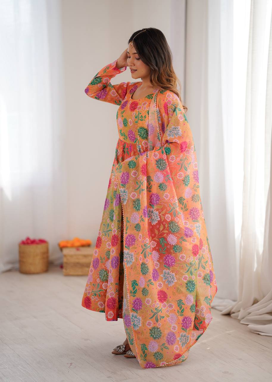 Orange Sunkissed Floral Print Organza Gown with Dupatta and Pant