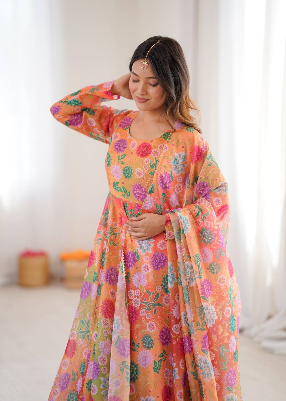 Orange Sunkissed Floral Print Organza Gown with Dupatta and Pant