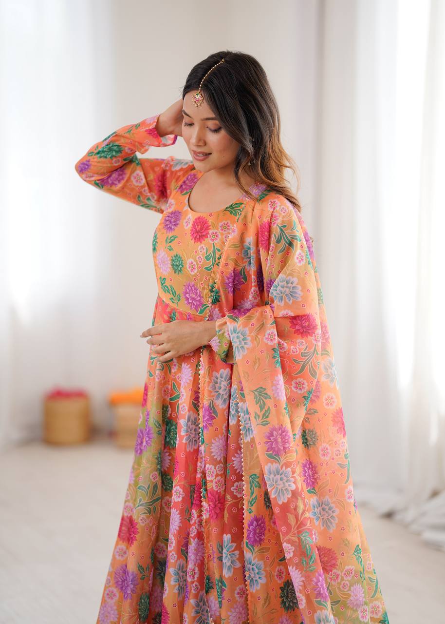 Orange Sunkissed Floral Print Organza Gown with Dupatta and Pant