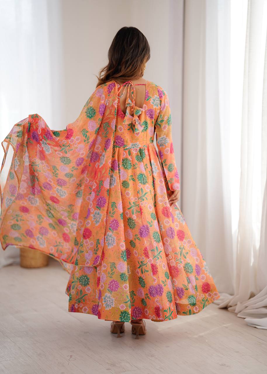 Orange Sunkissed Floral Print Organza Gown with Dupatta and Pant