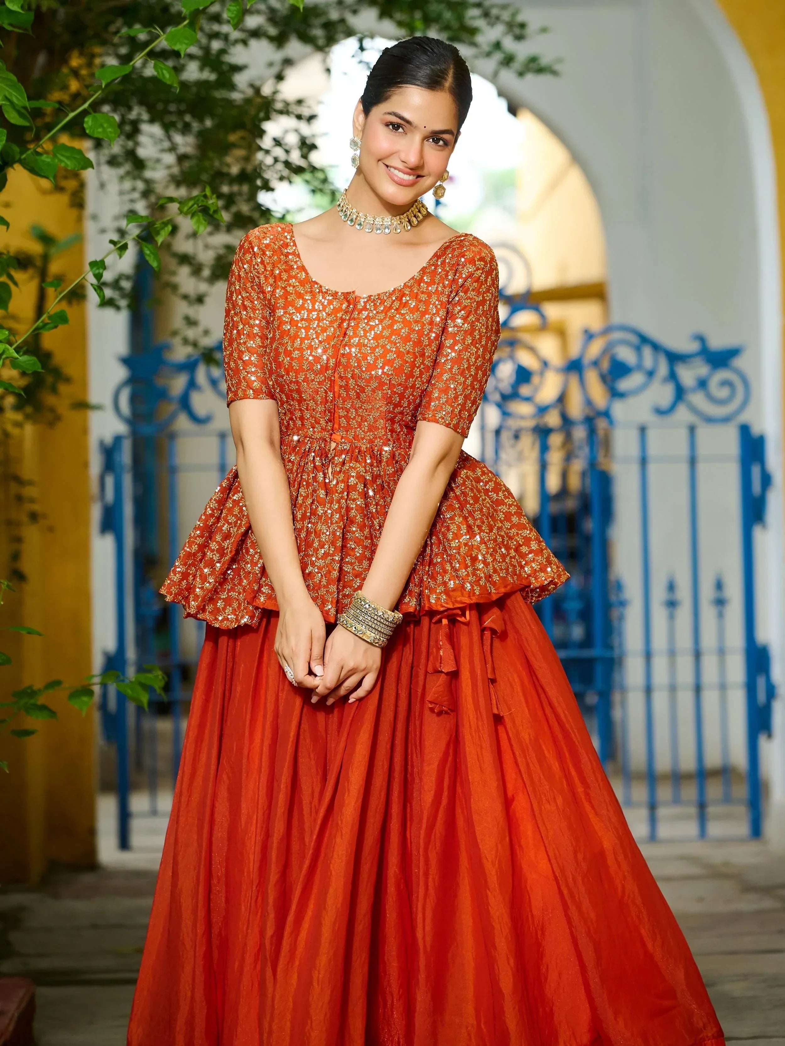 Orange Impressive Silk Function Wear Lehenga With Peplum Top