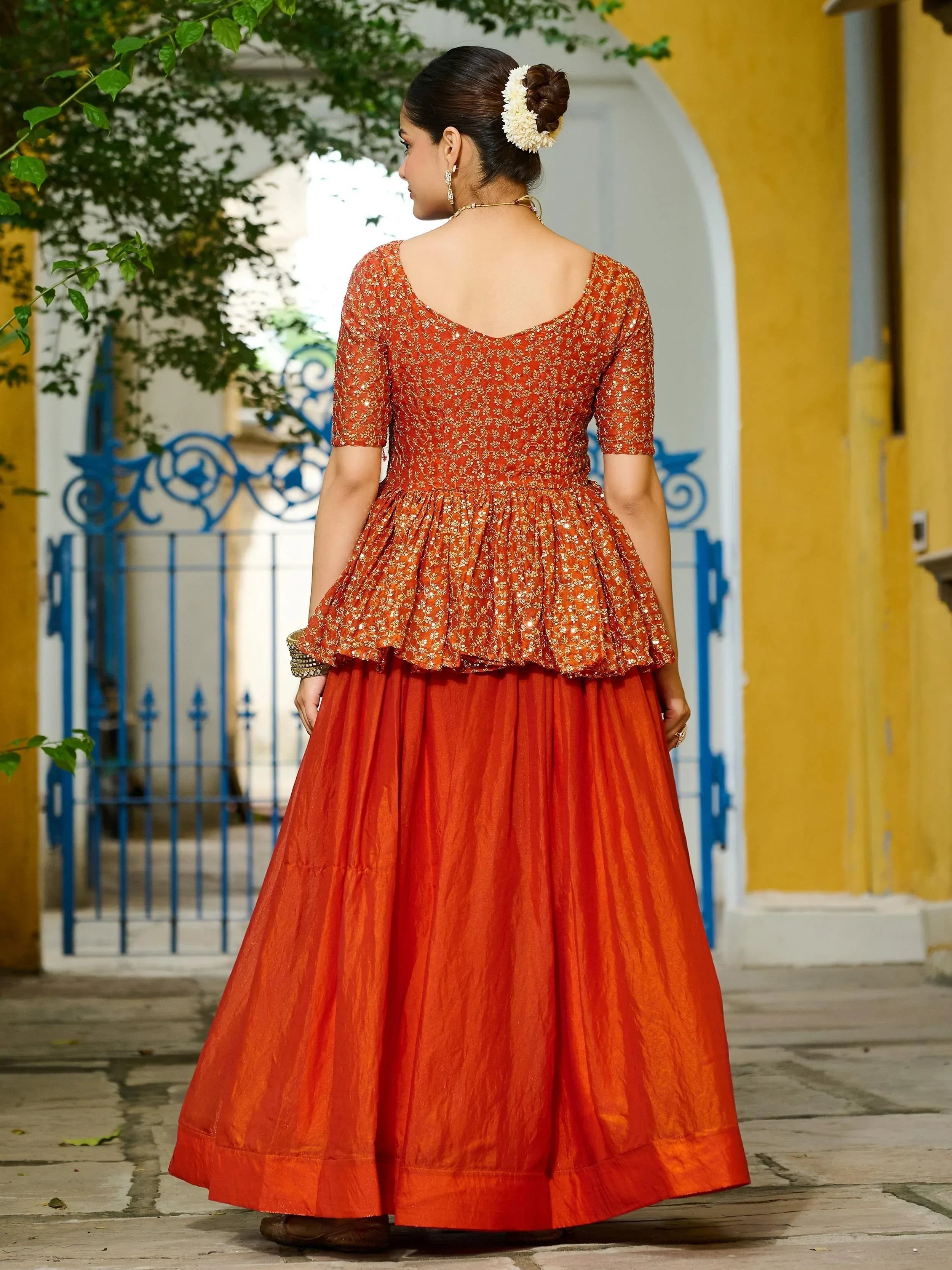 Orange Impressive Silk Function Wear Lehenga With Peplum Top