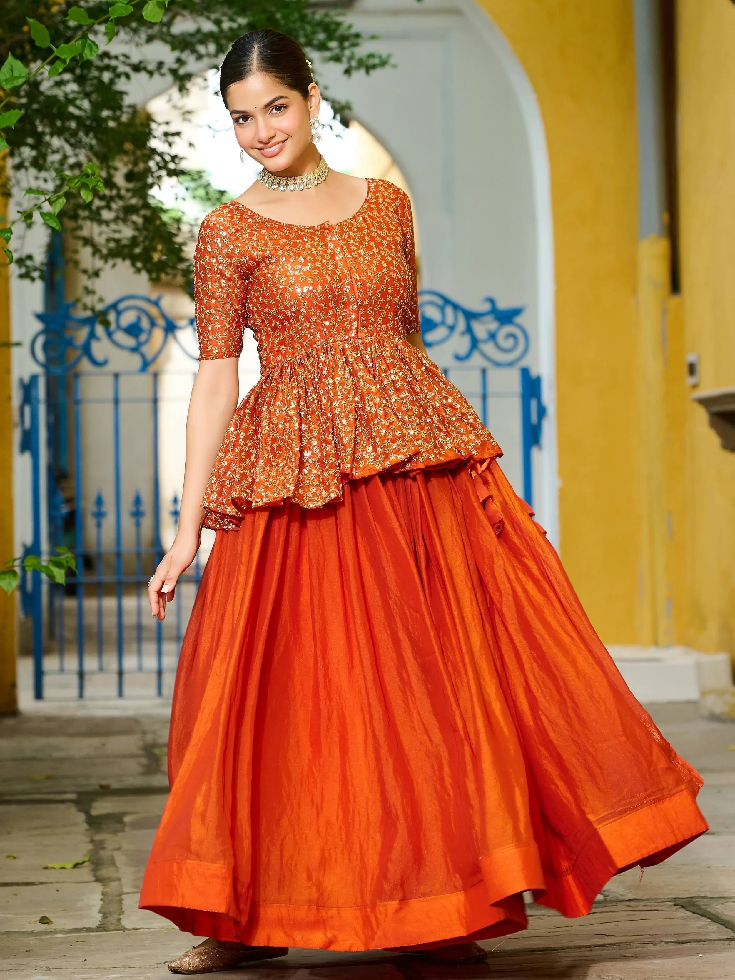 Orange Impressive Silk Function Wear Lehenga With Peplum Top