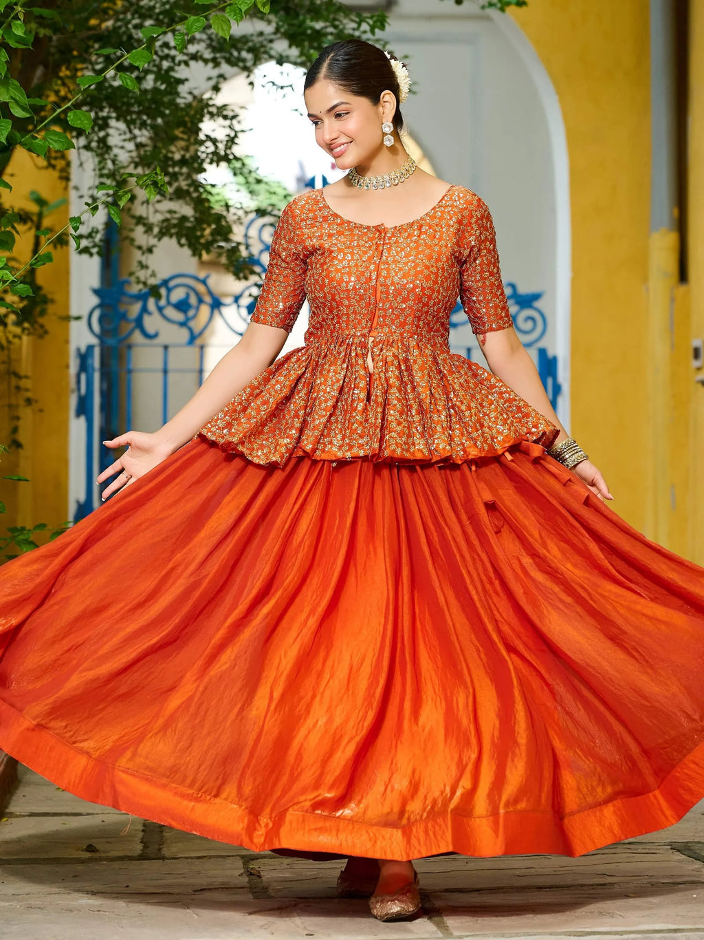 Orange Impressive Silk Function Wear Lehenga With Peplum Top