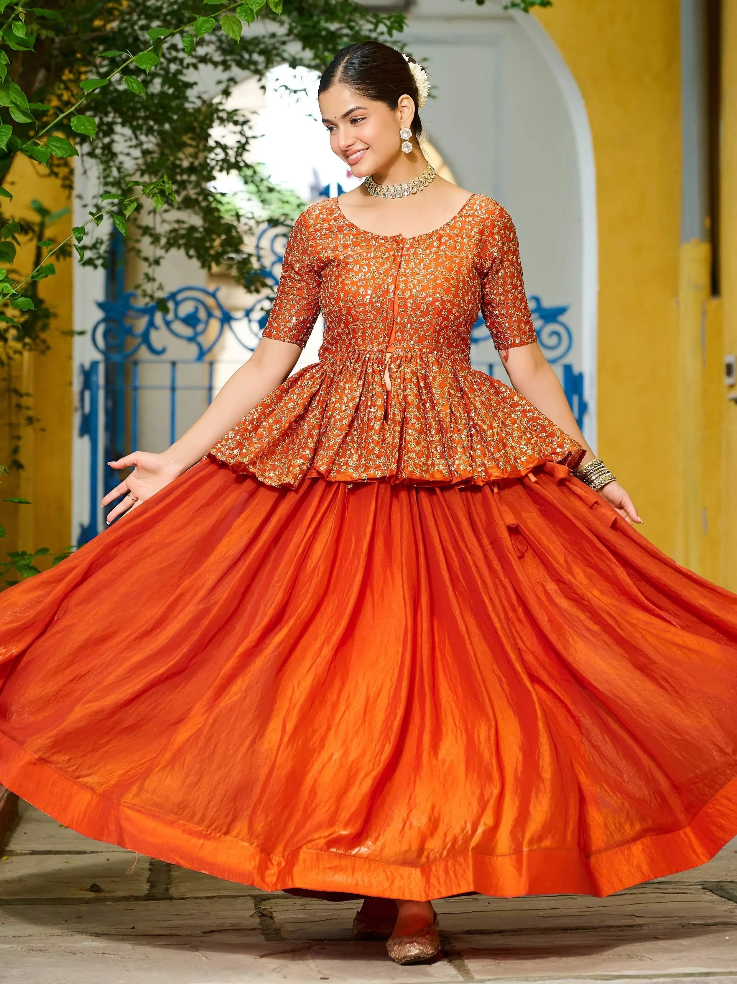 Orange Impressive Silk Function Wear Lehenga With Peplum Top