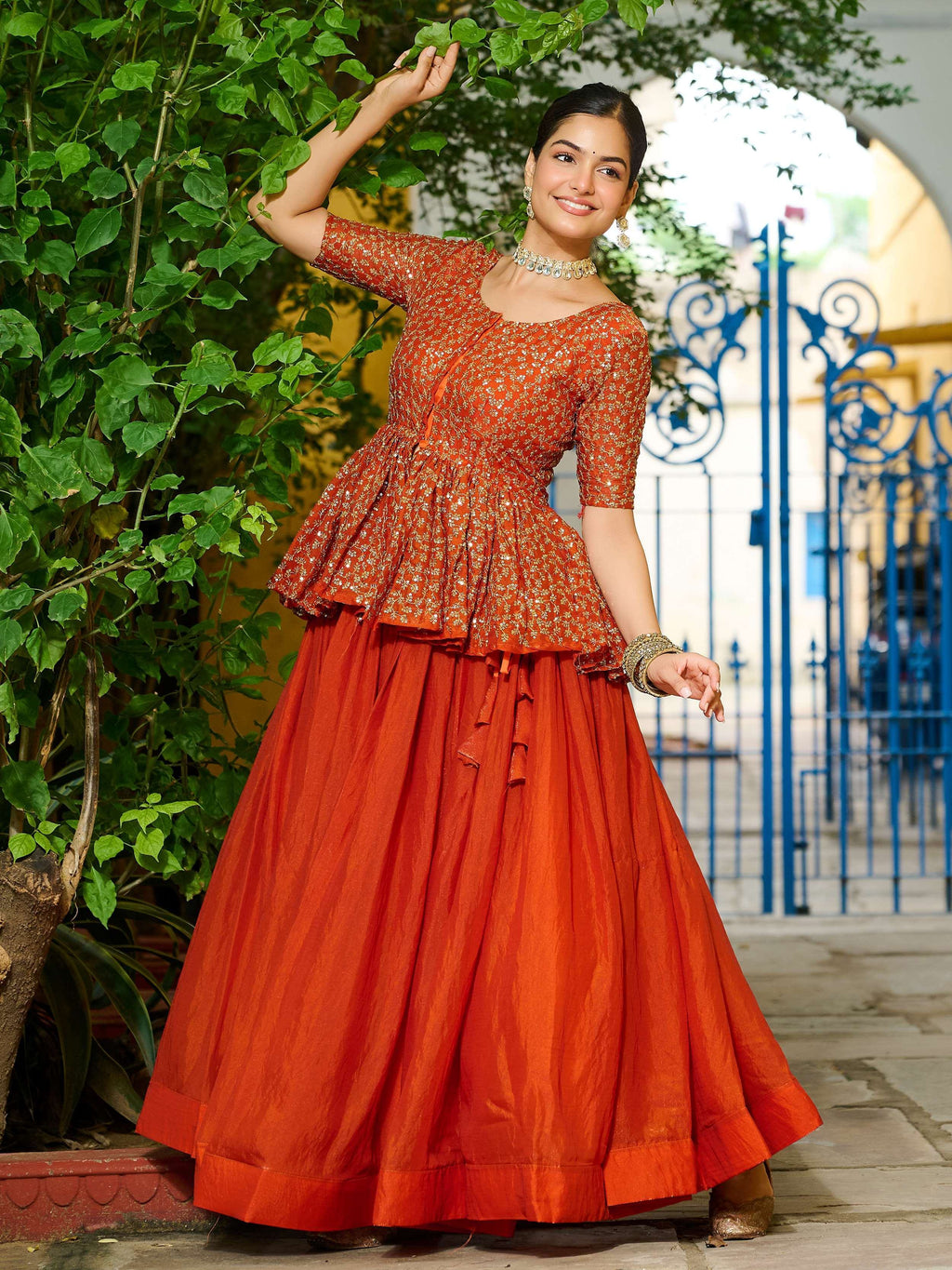 Orange Impressive Silk Function Wear Lehenga With Peplum Top