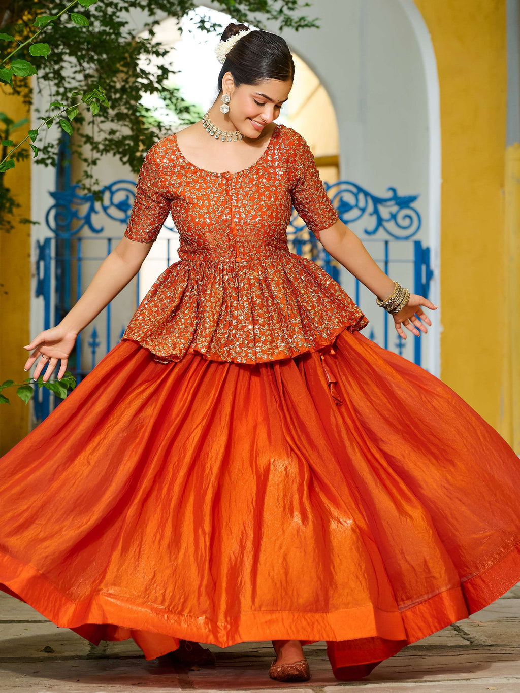 Orange Impressive Silk Function Wear Lehenga With Peplum Top