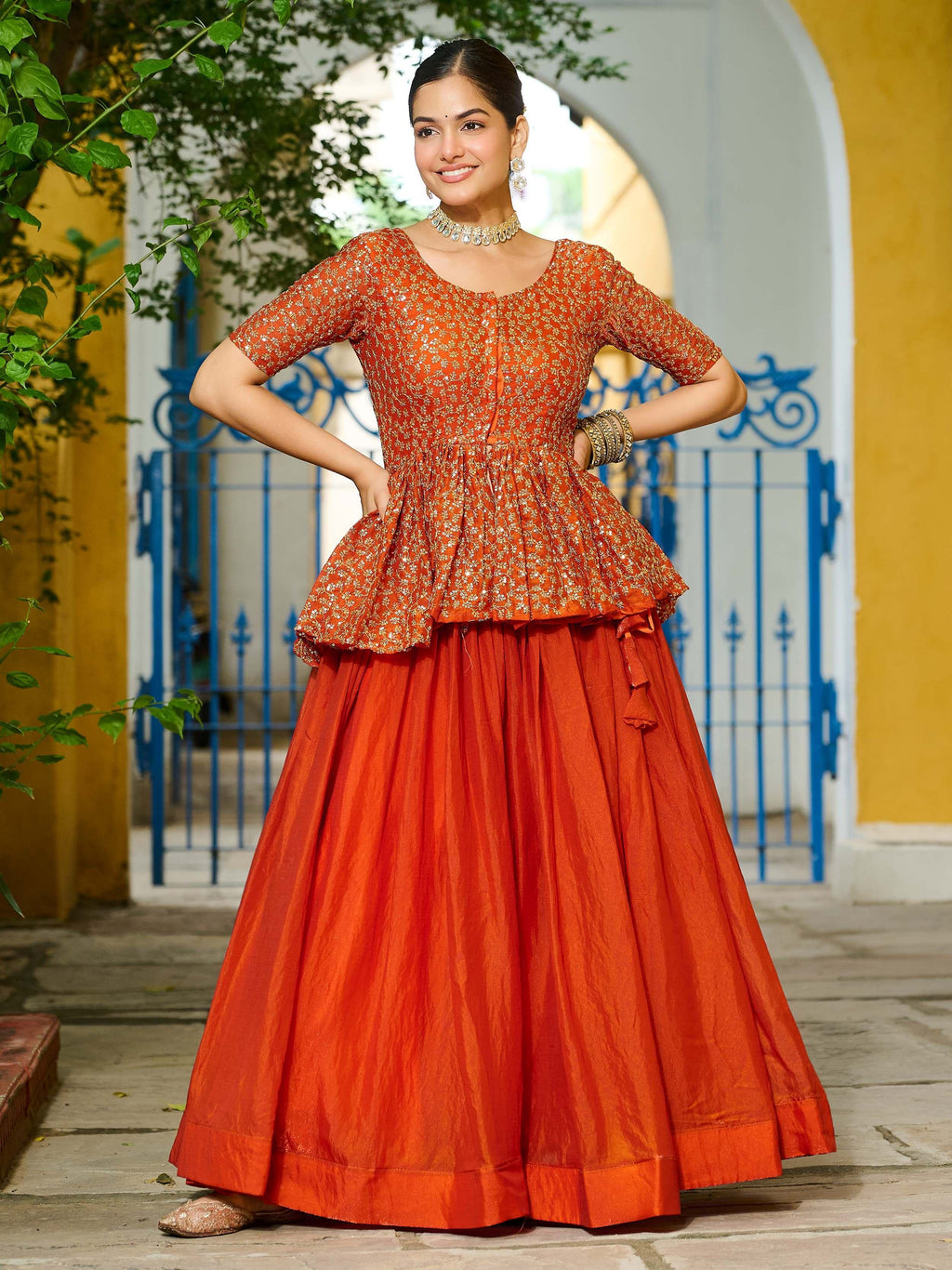 Orange Impressive Silk Function Wear Lehenga With Peplum Top