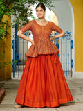 Orange Impressive Silk Function Wear Lehenga With Peplum Top