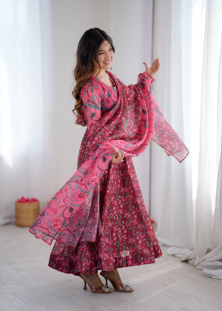 Organza Ajrak Print Anarkali Suit