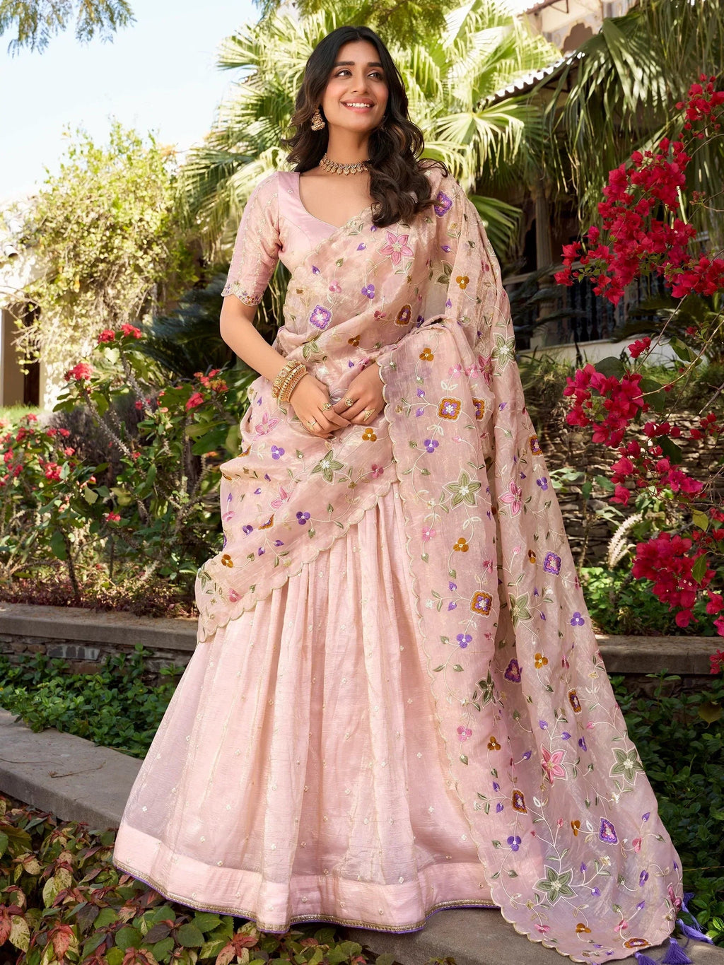 Outstanding Light Pink Floral Embroidery Silk Lehenga Choli With Dupatta