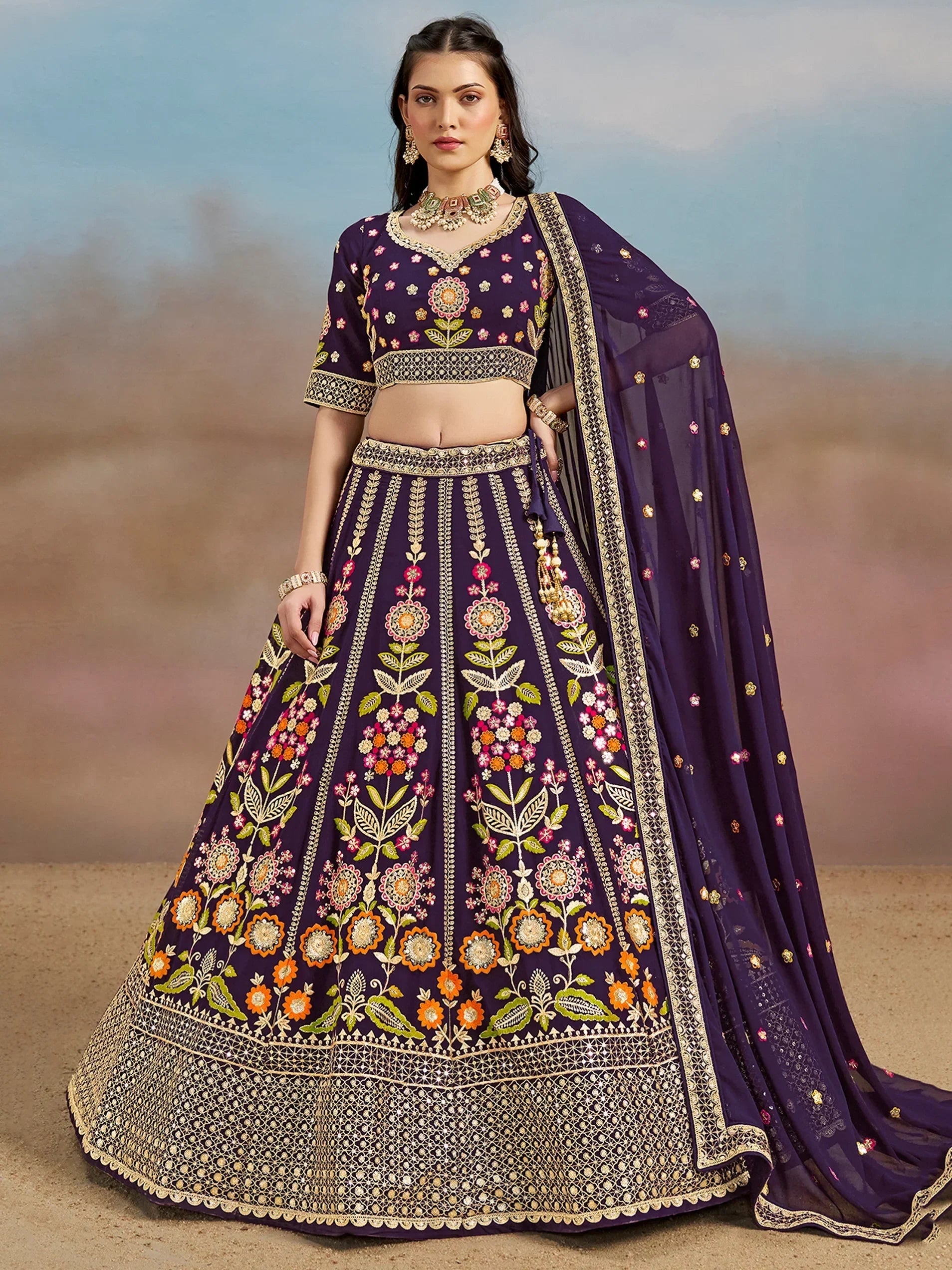 Purple Fantastic Zari Work Georgette Wedding Wear Lehenga Choli