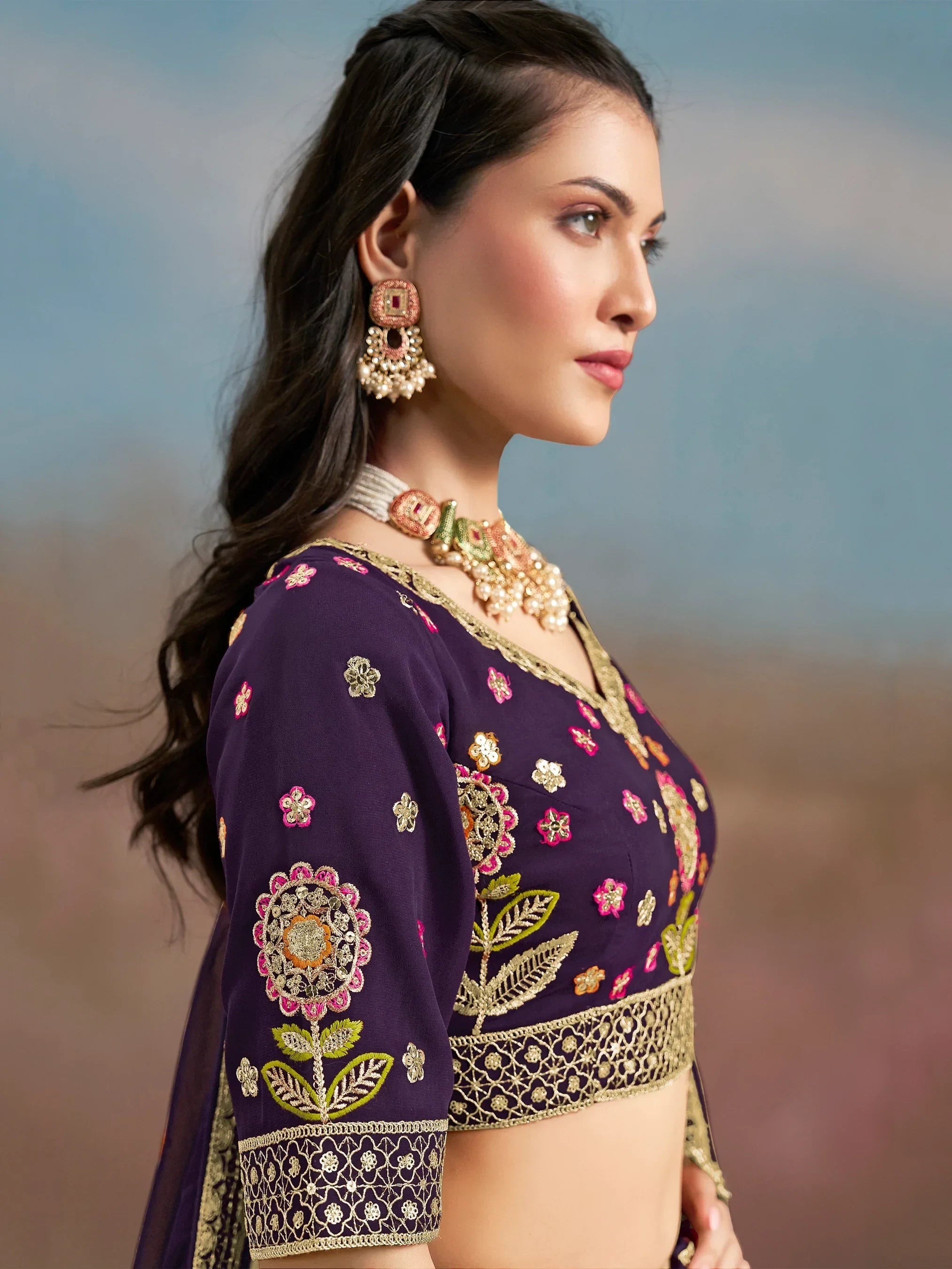 Purple Fantastic Zari Work Georgette Wedding Wear Lehenga Choli