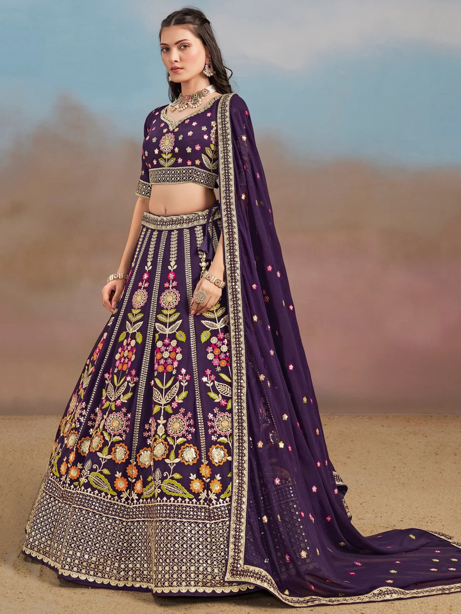 Purple Fantastic Zari Work Georgette Wedding Wear Lehenga Choli