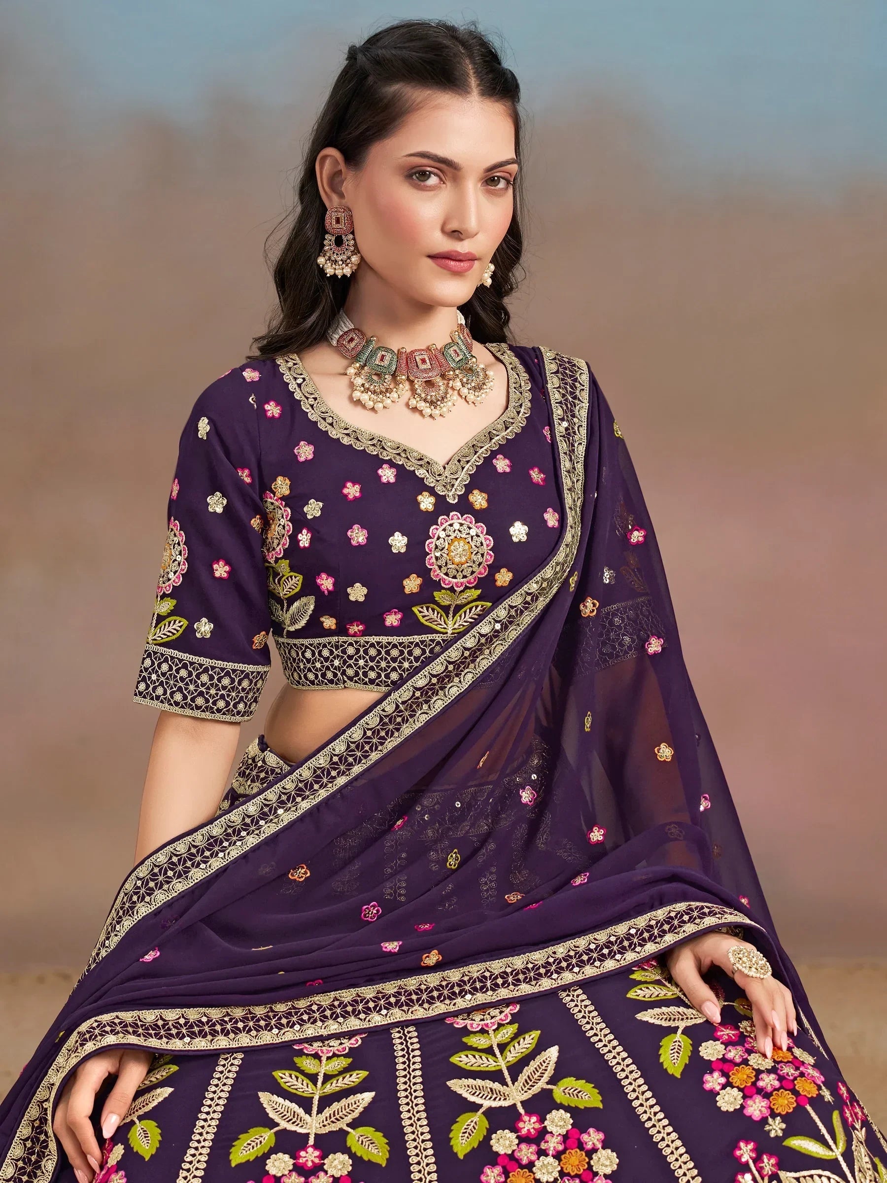Purple Fantastic Zari Work Georgette Wedding Wear Lehenga Choli