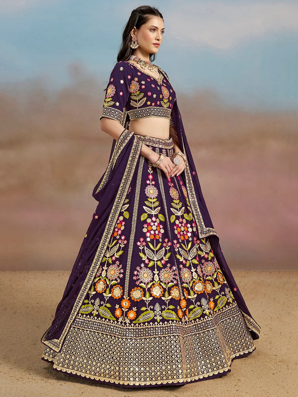 Purple Fantastic Zari Work Georgette Wedding Wear Lehenga Choli