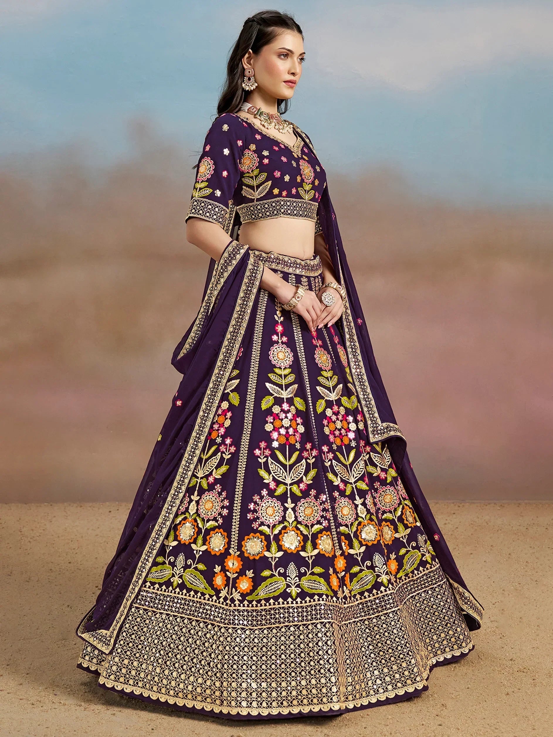 Purple Fantastic Zari Work Georgette Wedding Wear Lehenga Choli