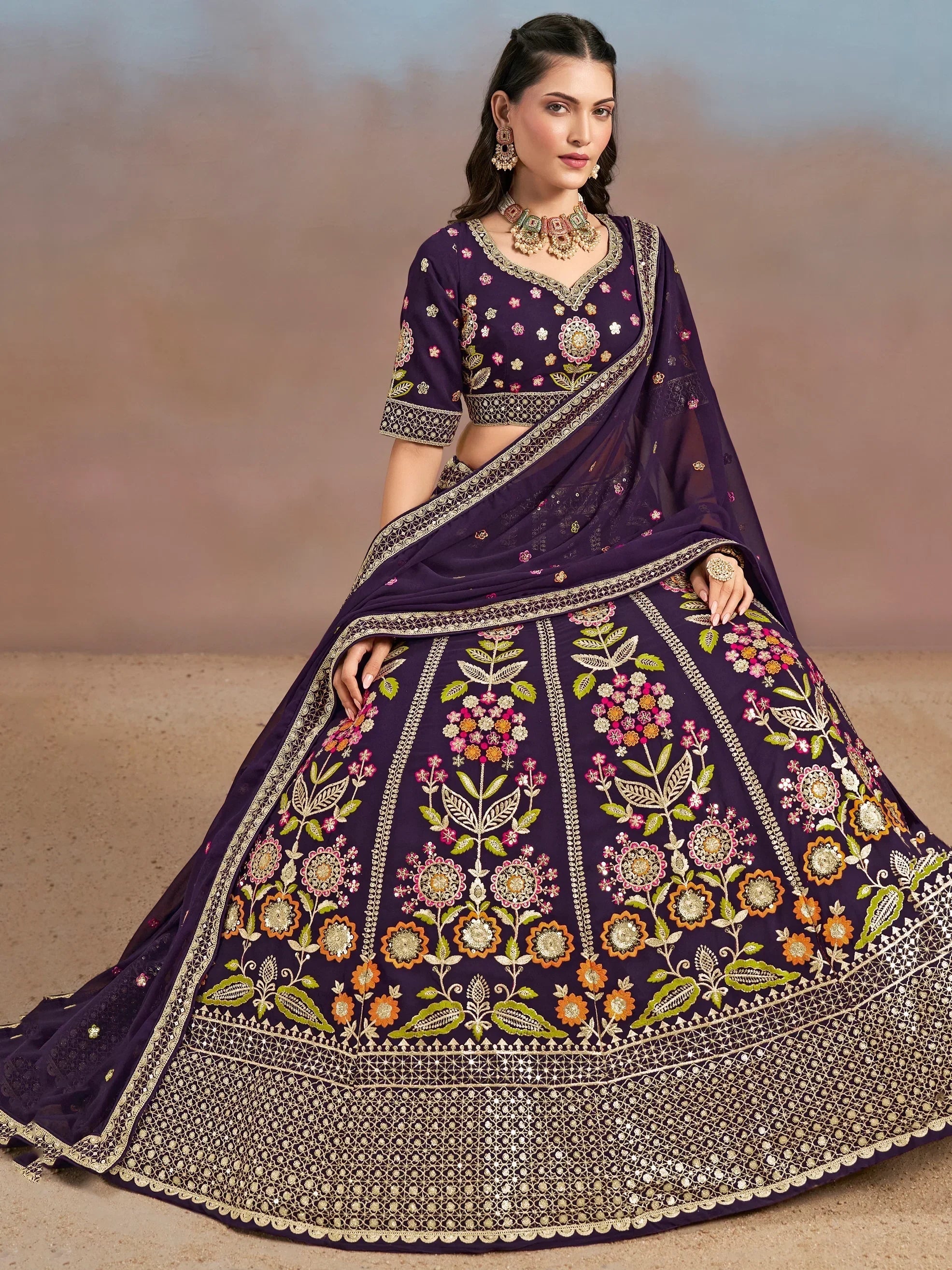 Purple Fantastic Zari Work Georgette Wedding Wear Lehenga Choli