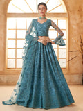 Outstanding Teal Blue Embroidered Net Designer Lehenga Choli