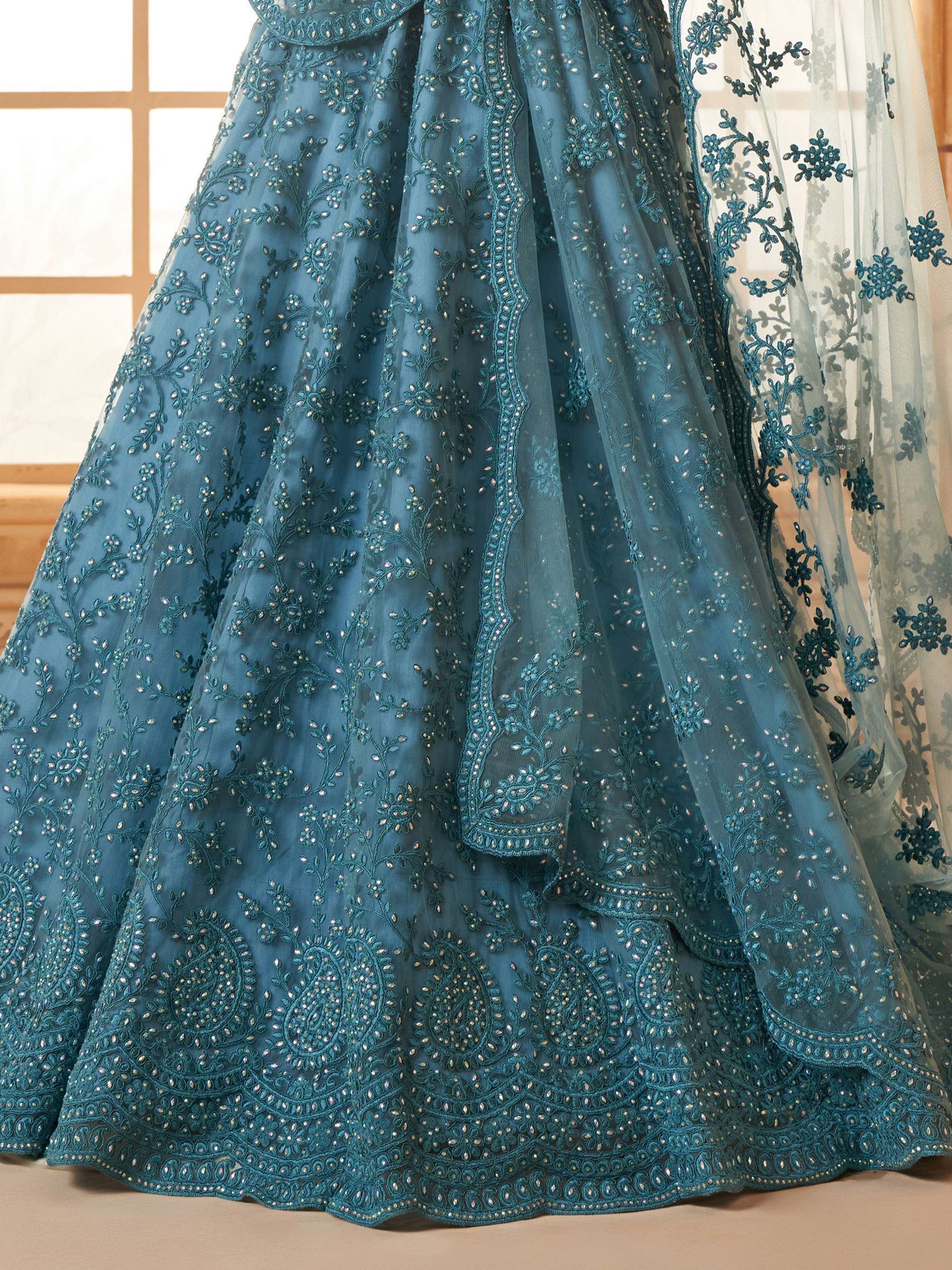 Outstanding Teal Blue Embroidered Net Designer Lehenga Choli