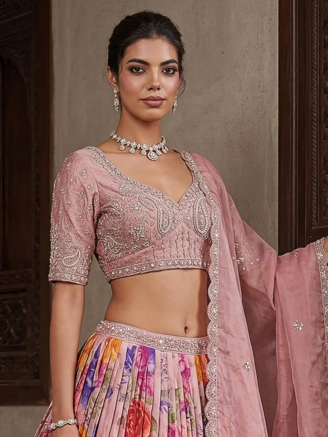 Pink Ravishing Tissue Bead Work Bridesmaid Lehenga Choli With Dupatta