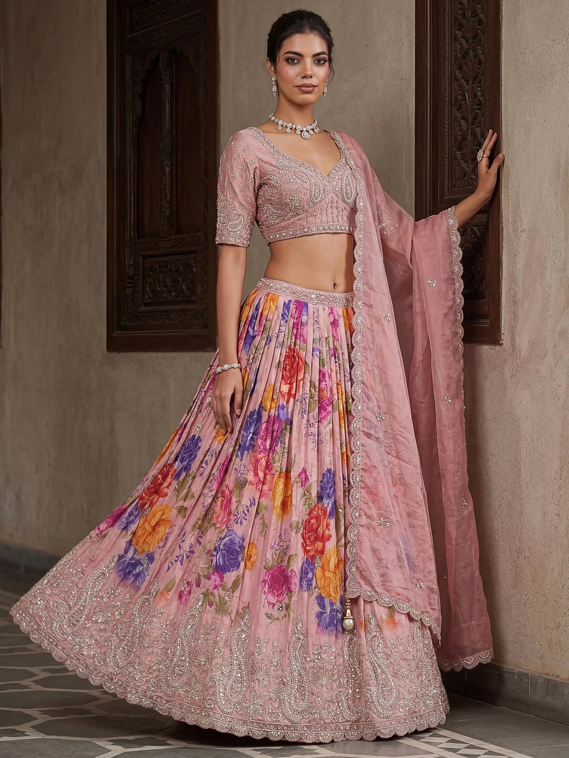 Pink Ravishing Tissue Bead Work Bridesmaid Lehenga Choli With Dupatta