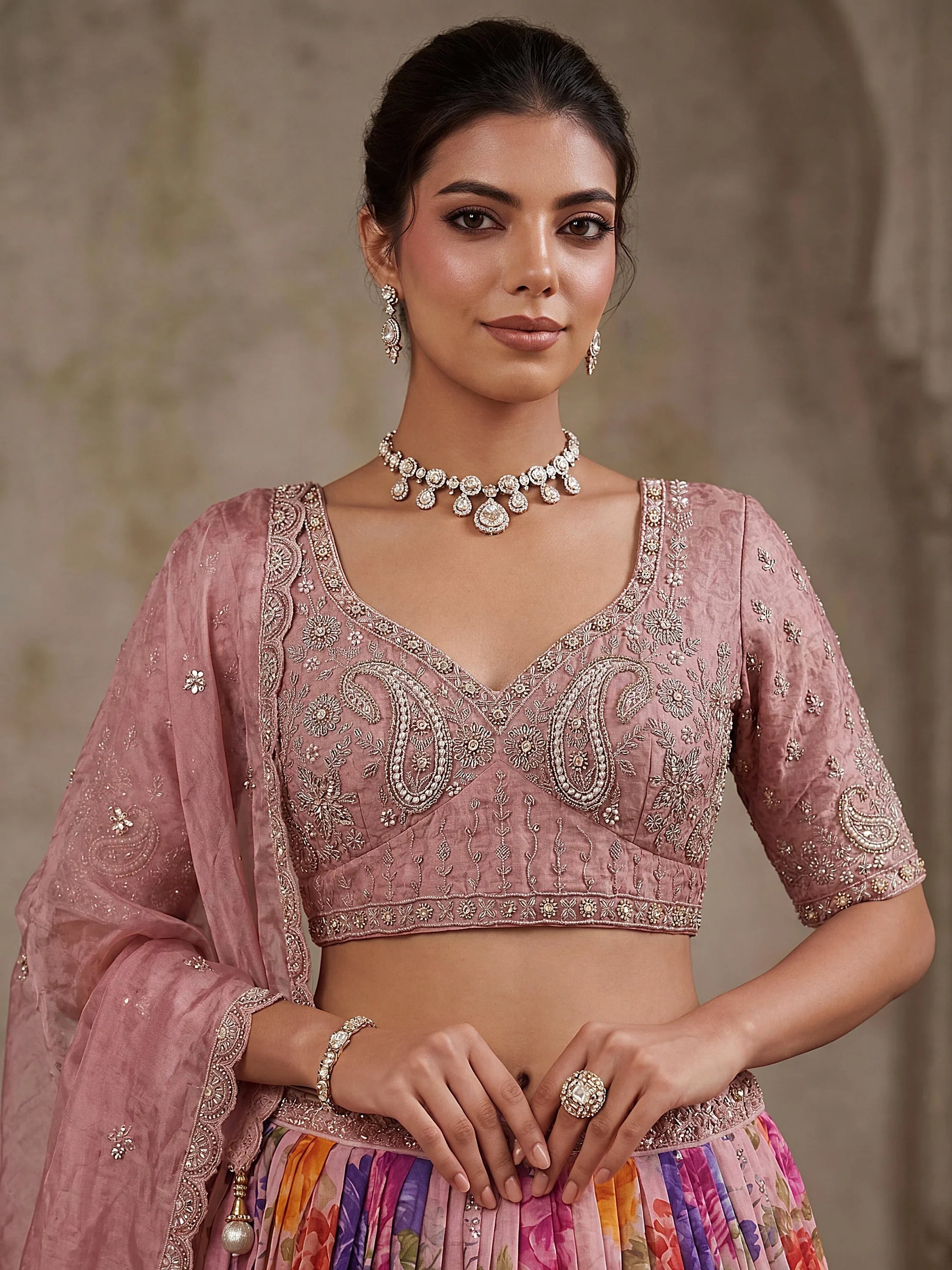 Pink Ravishing Tissue Bead Work Bridesmaid Lehenga Choli With Dupatta