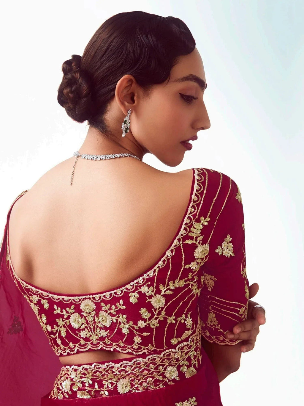 Tantalizing Maroon Organza Sequins Bridal Saree With Blouse