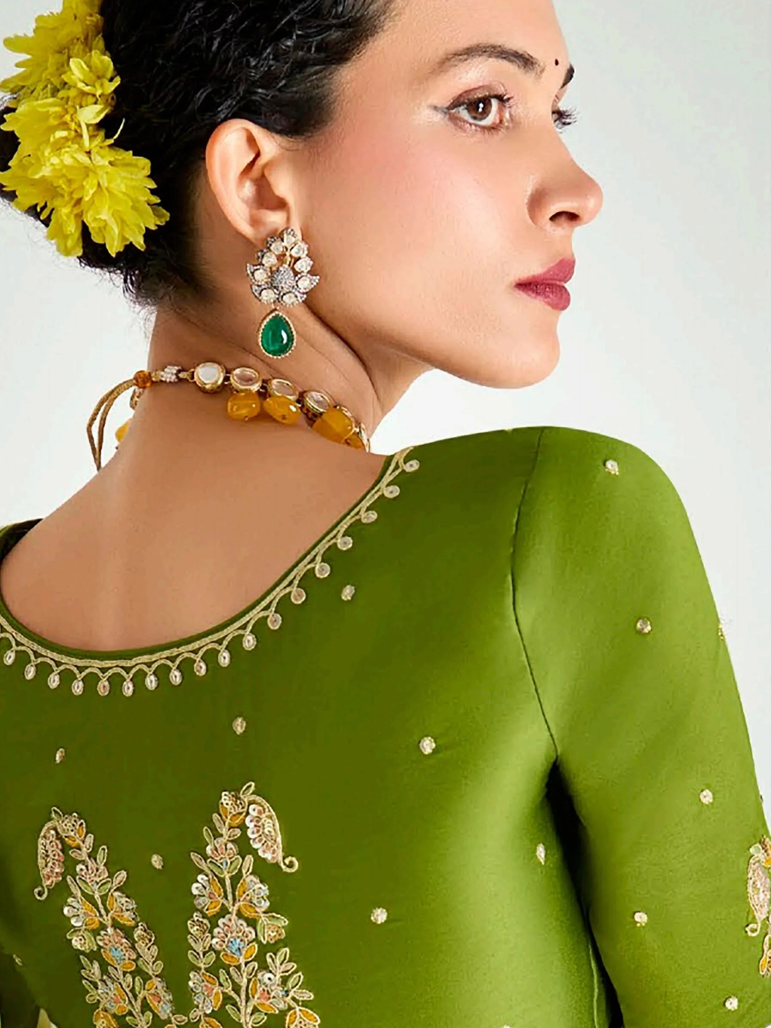 Delicate Green Organza Border Work Mehendi Wear Saree With Blouse