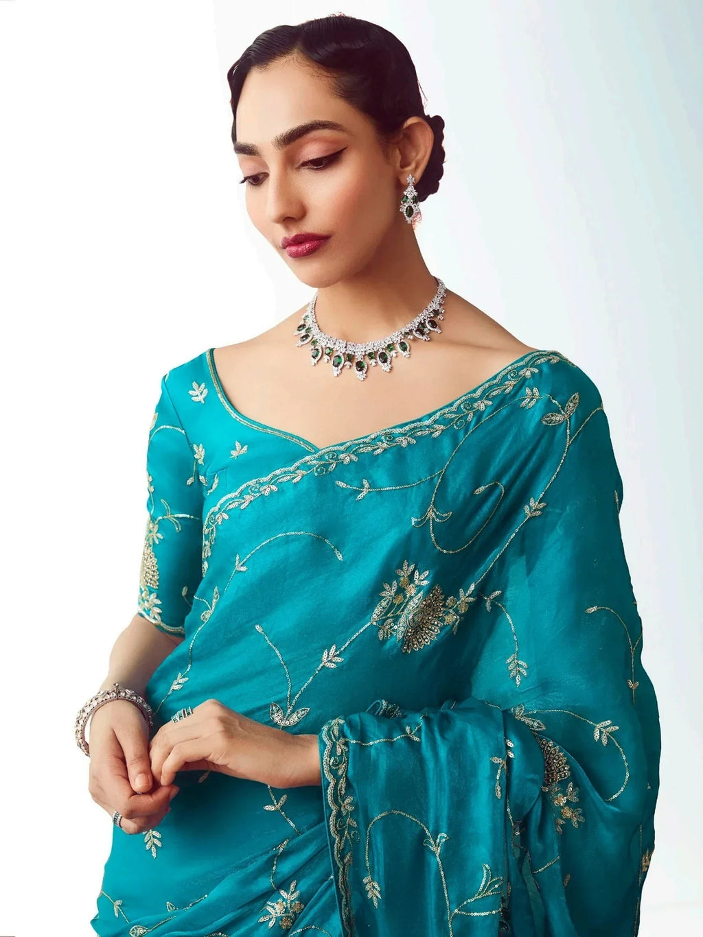 Impressive turquoise Floral Embroidery Engagement Wear Saree