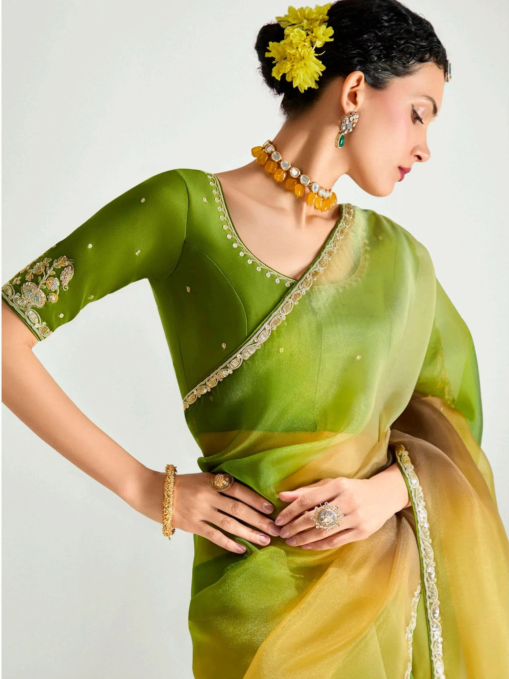 Delicate Green Organza Border Work Mehendi Wear Saree With Blouse