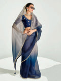 Sweet Navy Blue Organza Border Work Saree With Blouse
