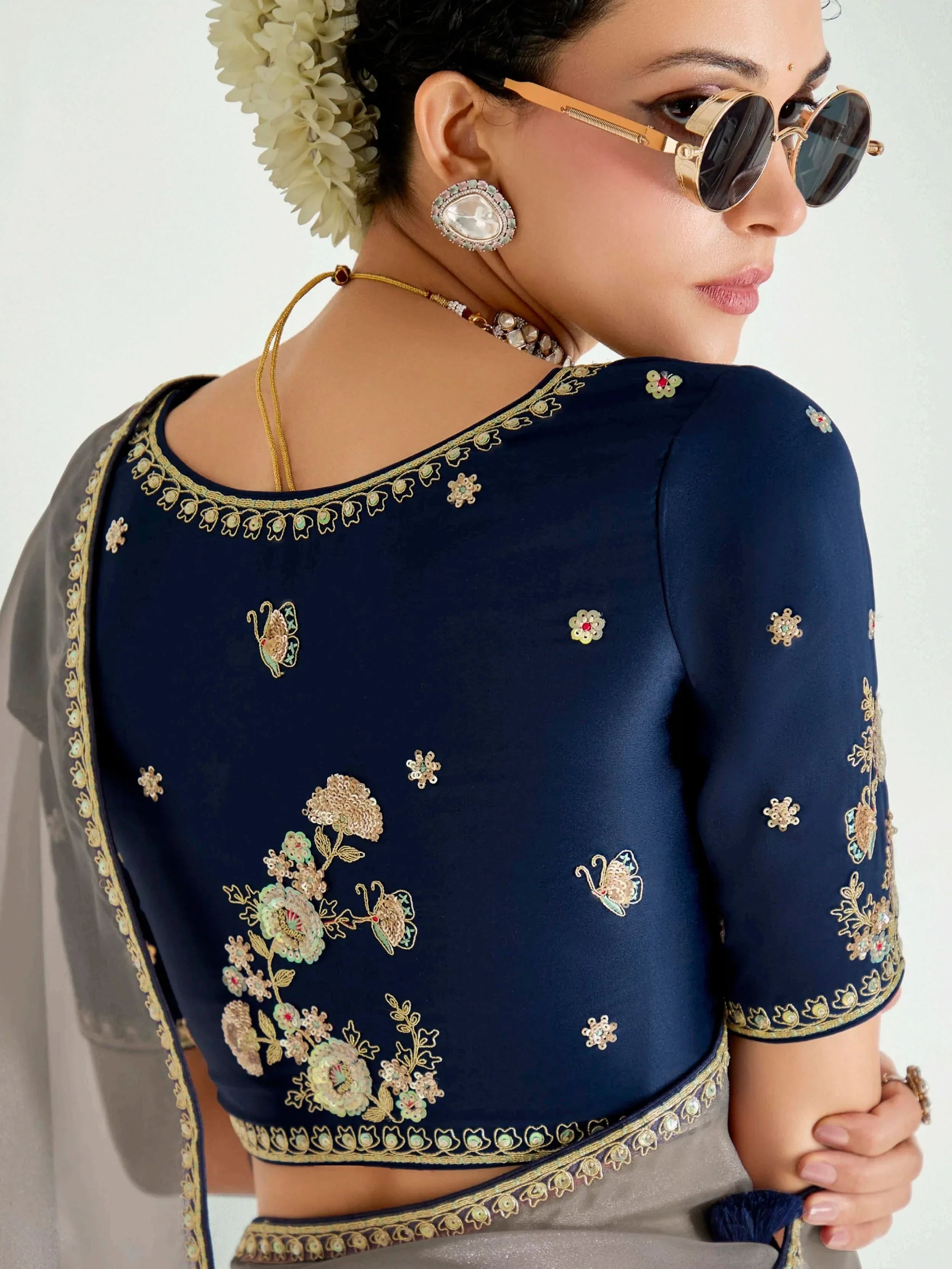 Sweet Navy Blue Organza Border Work Saree With Blouse