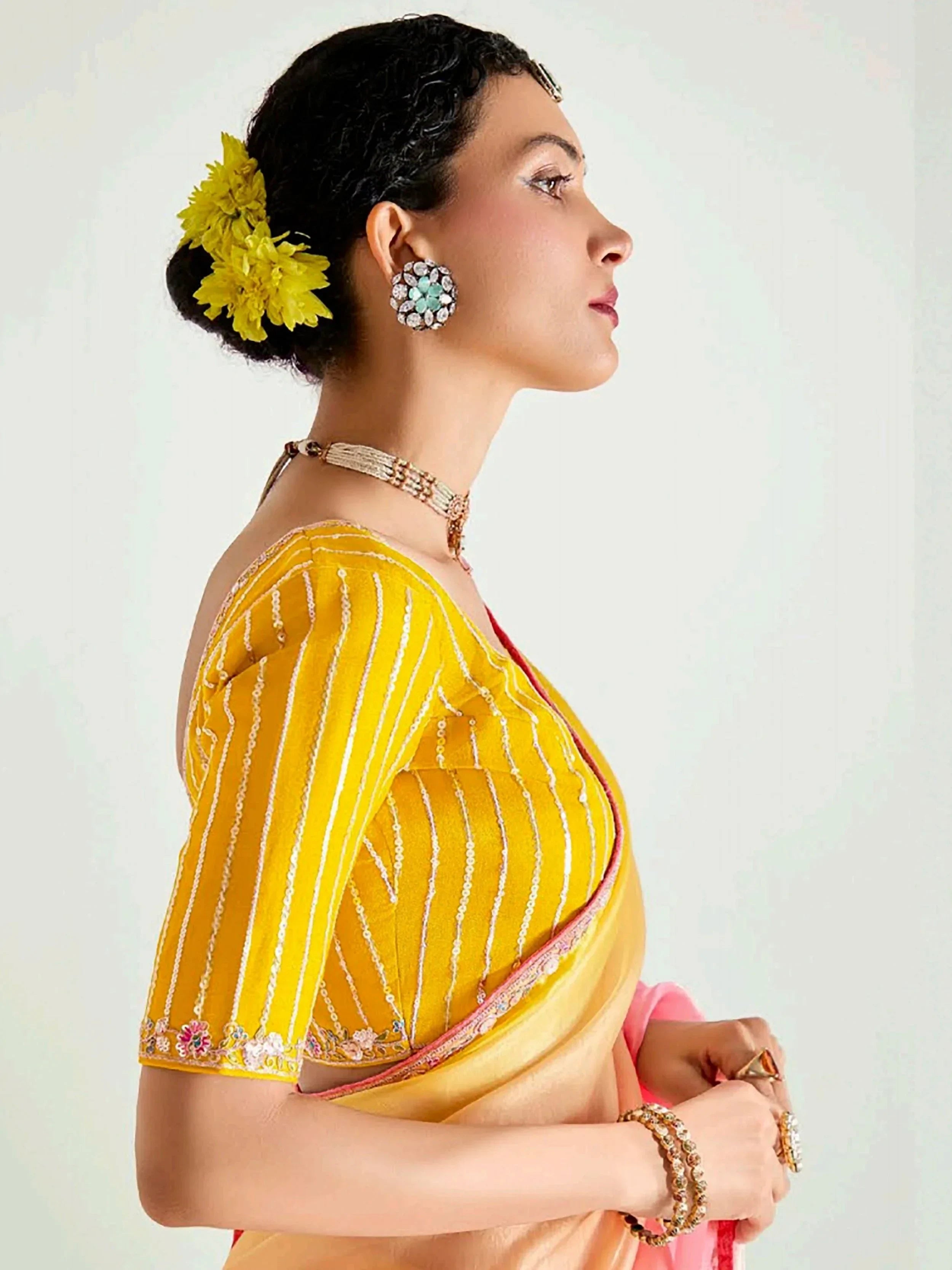 Stylish Peach Organza Border Work Wedding Wear Saree With Blouse
