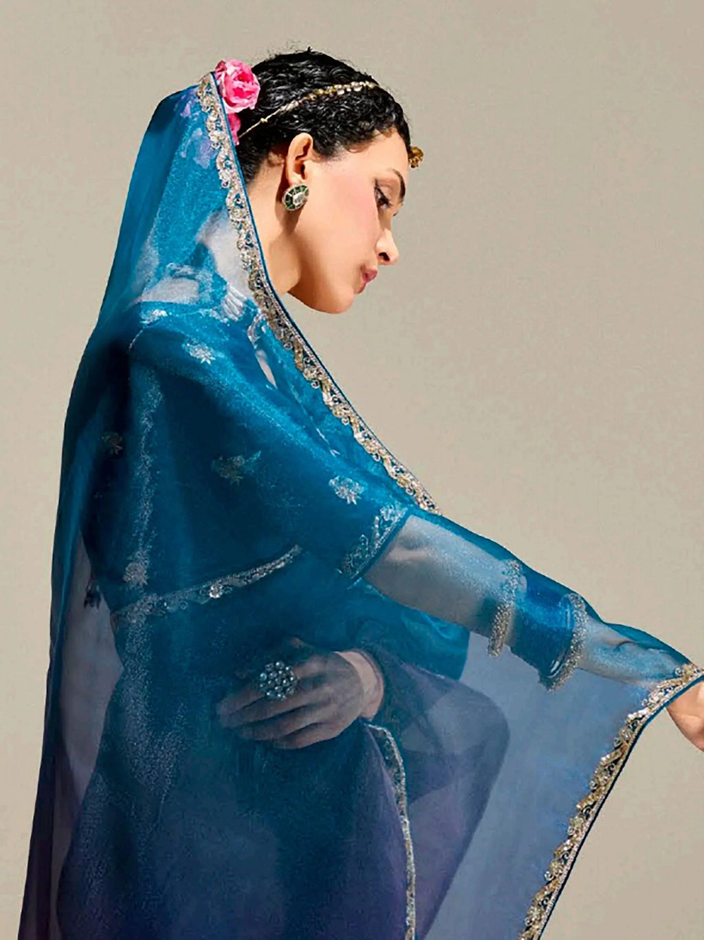 Beautiful Deep Blue Organza Border Work Wedding Wear Saree