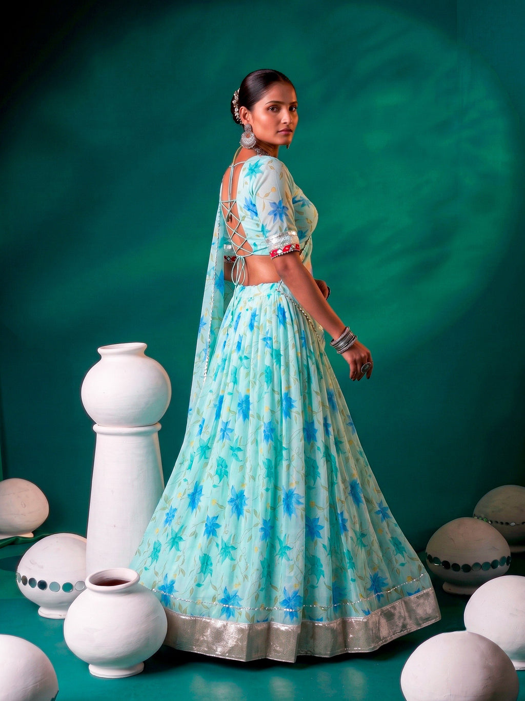 Floral Print Tabby Silk Lehenga Choli