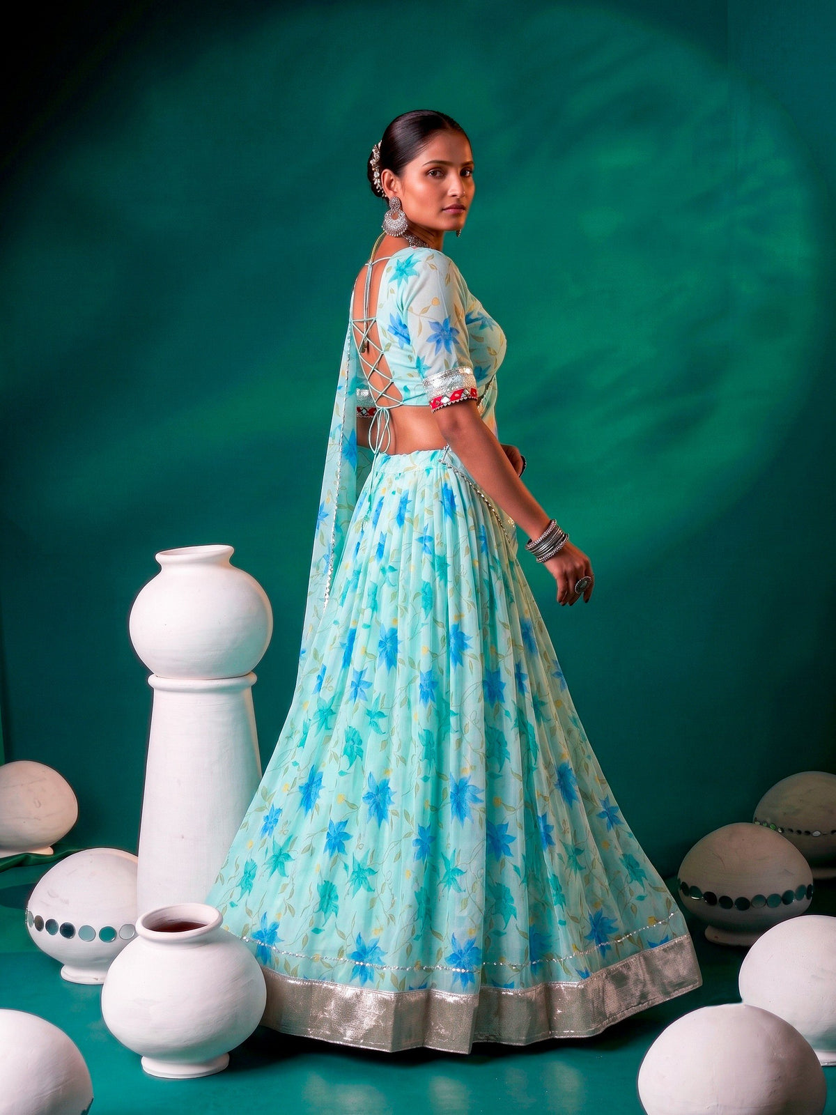 Floral Print Tabby Silk Lehenga Choli