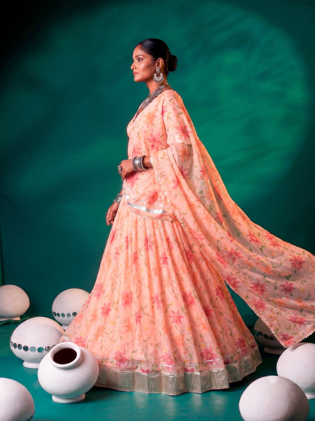 Floral Print Tabby Silk Lehenga Choli