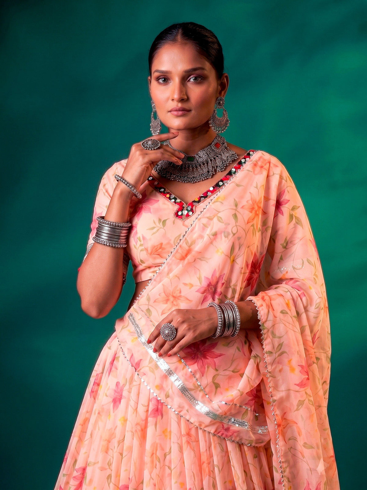 Floral Print Tabby Silk Lehenga Choli