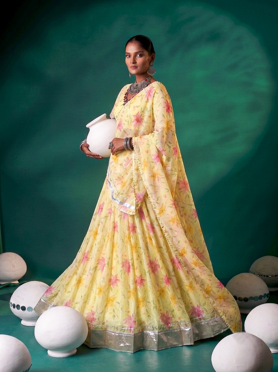 Floral Print Tabby Silk Lehenga Choli
