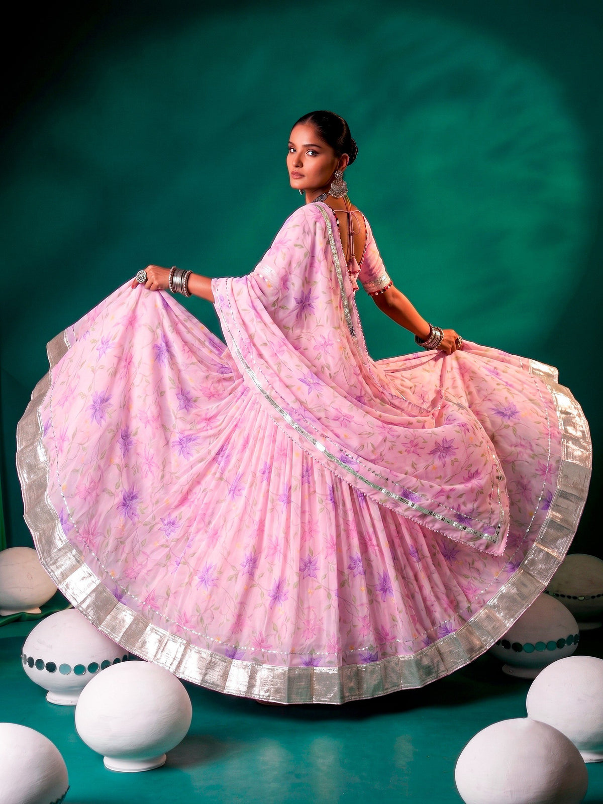 Floral Print Tabby Silk Lehenga Choli