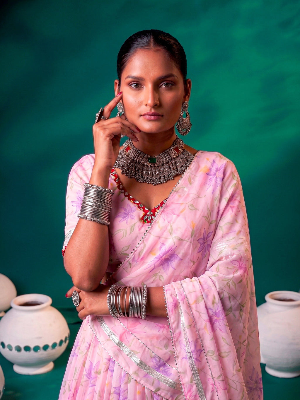 Floral Print Tabby Silk Lehenga Choli