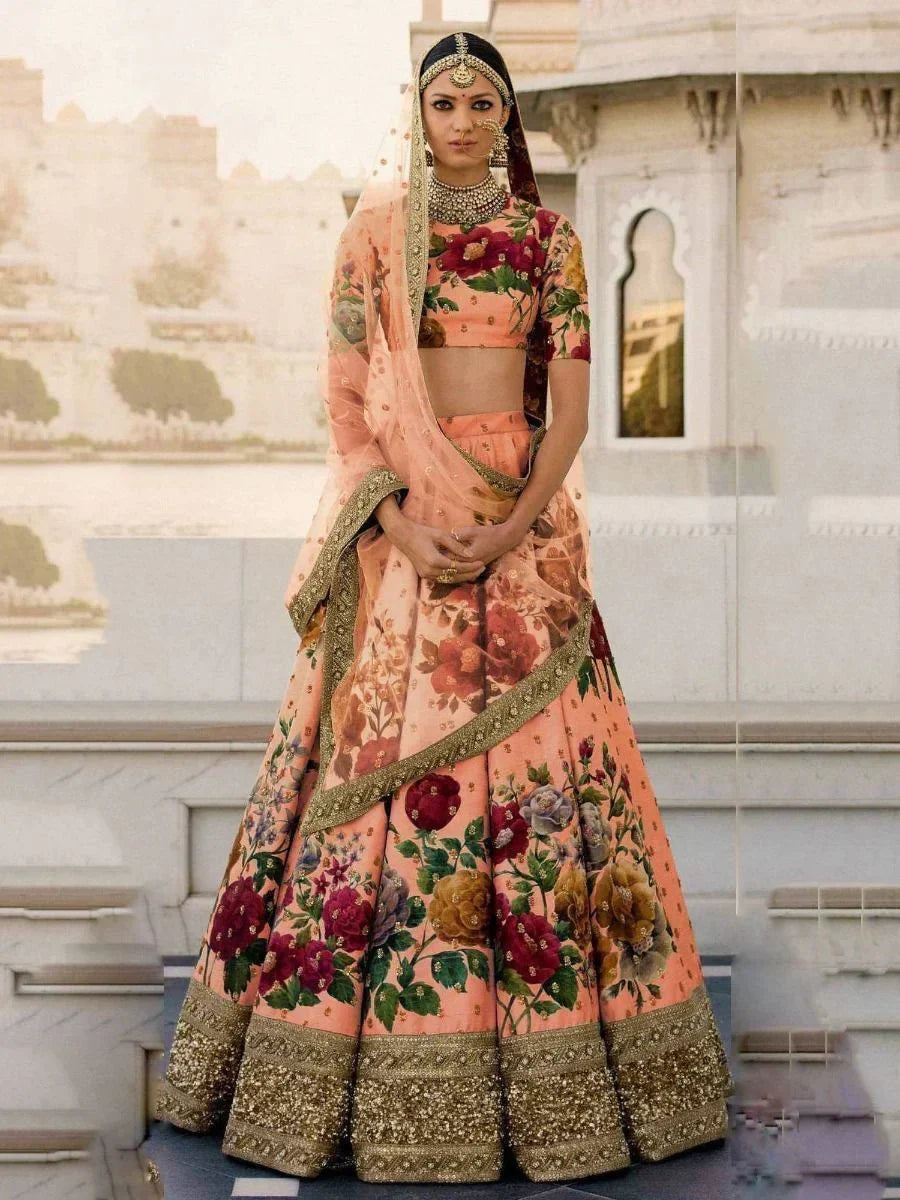Peach Floral Digital Printed Art Silk Bridal Lehenga Choli