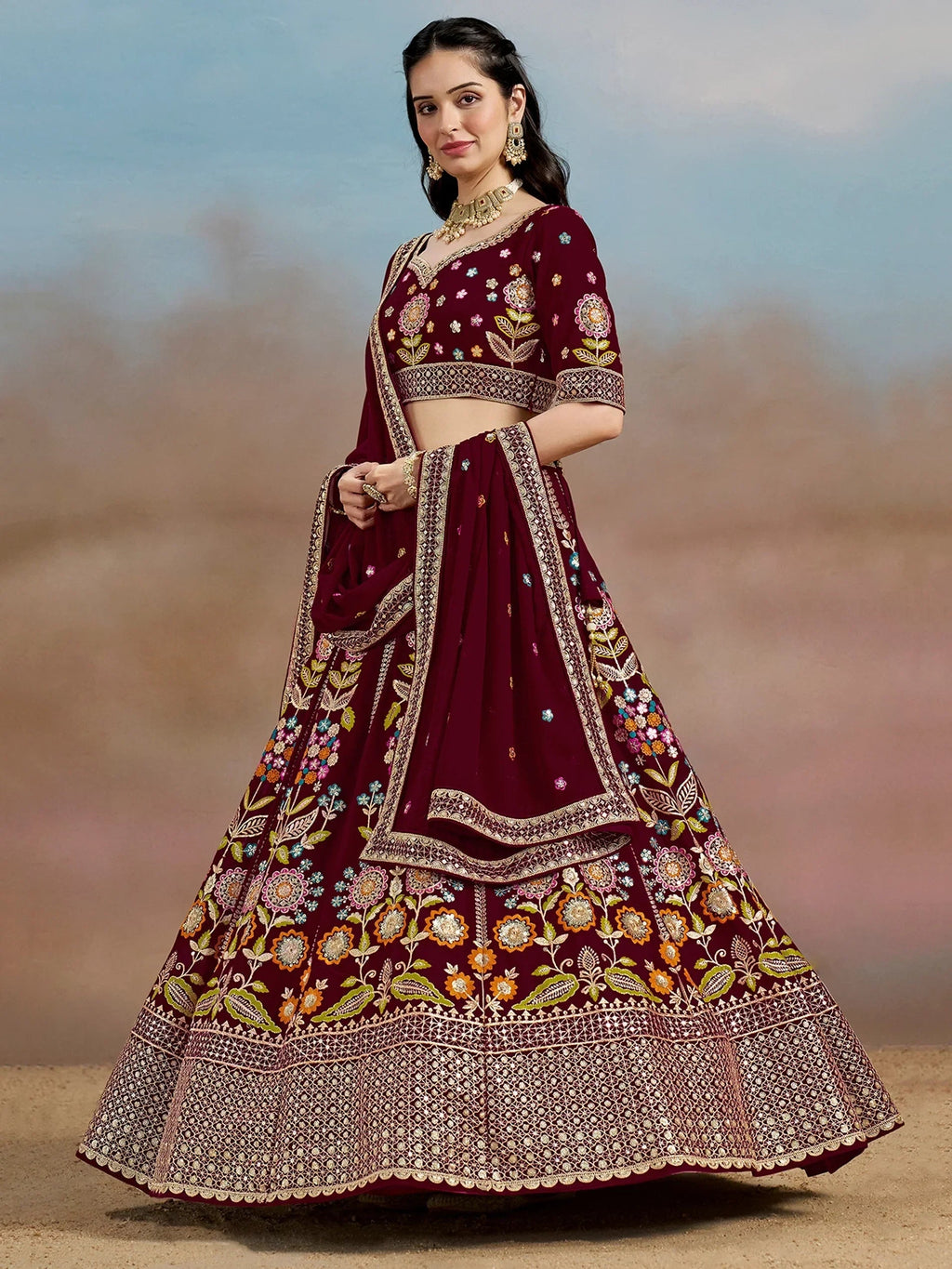 Maroon Fantastic Zari Work Georgette Wedding Wear Lehenga Choli