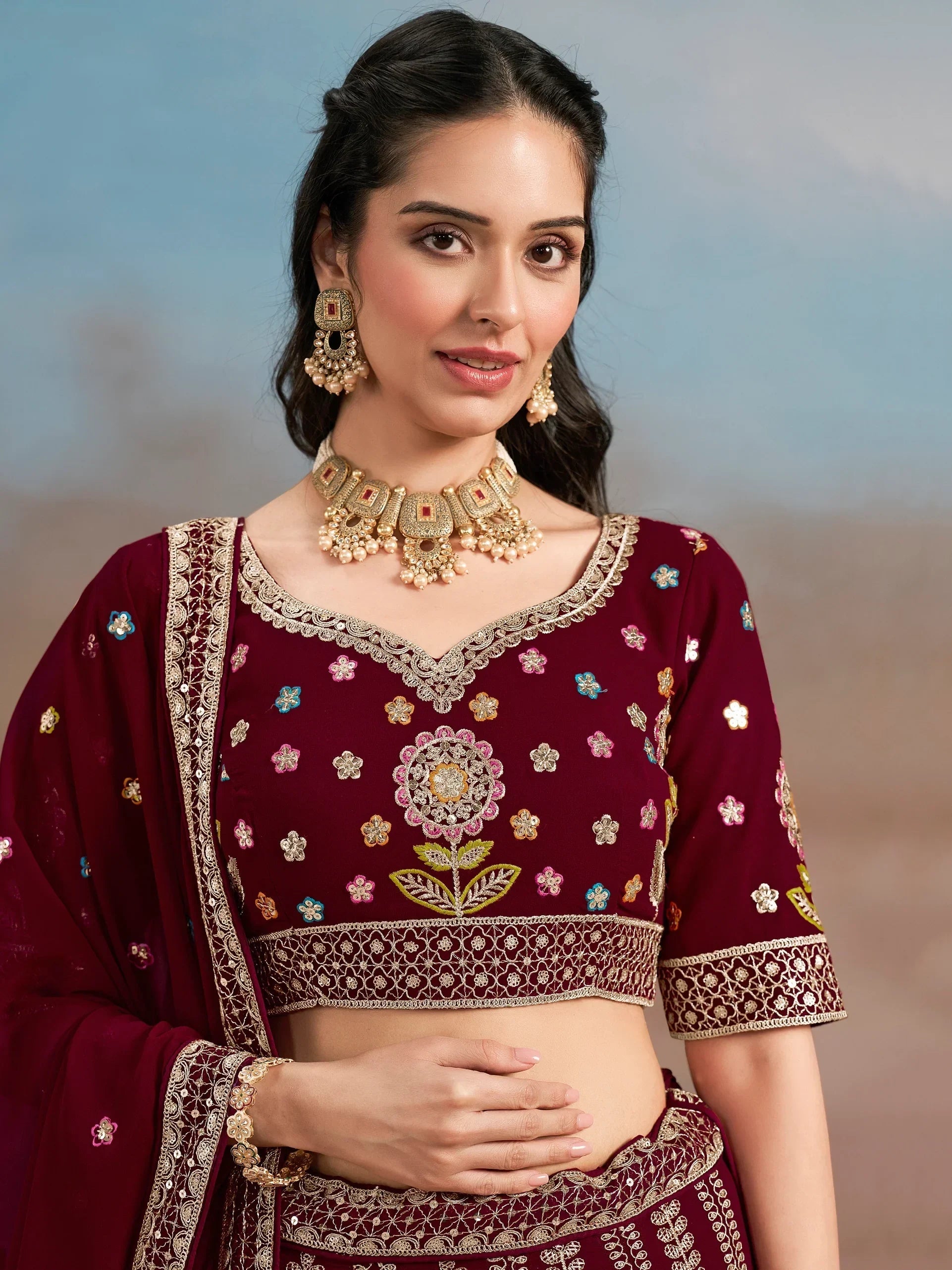 Maroon Fantastic Zari Work Georgette Wedding Wear Lehenga Choli