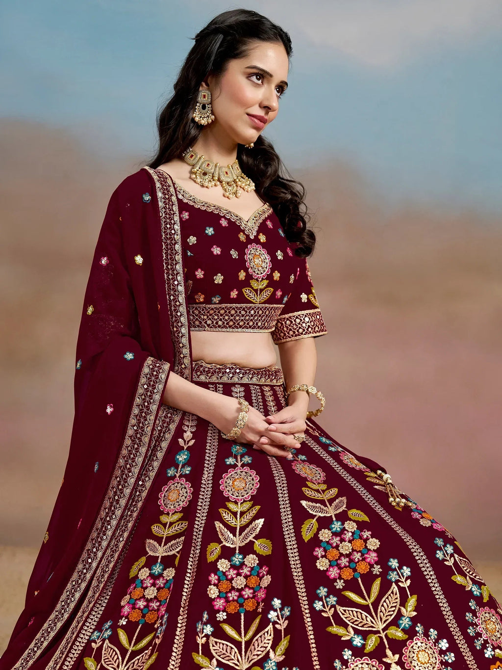Maroon Fantastic Zari Work Georgette Wedding Wear Lehenga Choli