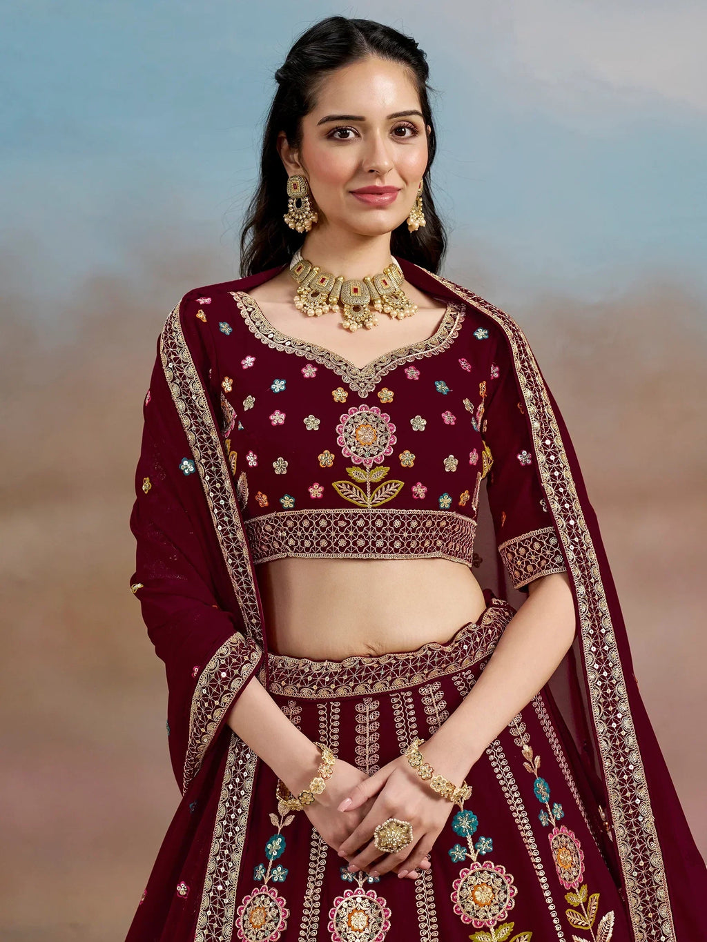 Maroon Fantastic Zari Work Georgette Wedding Wear Lehenga Choli
