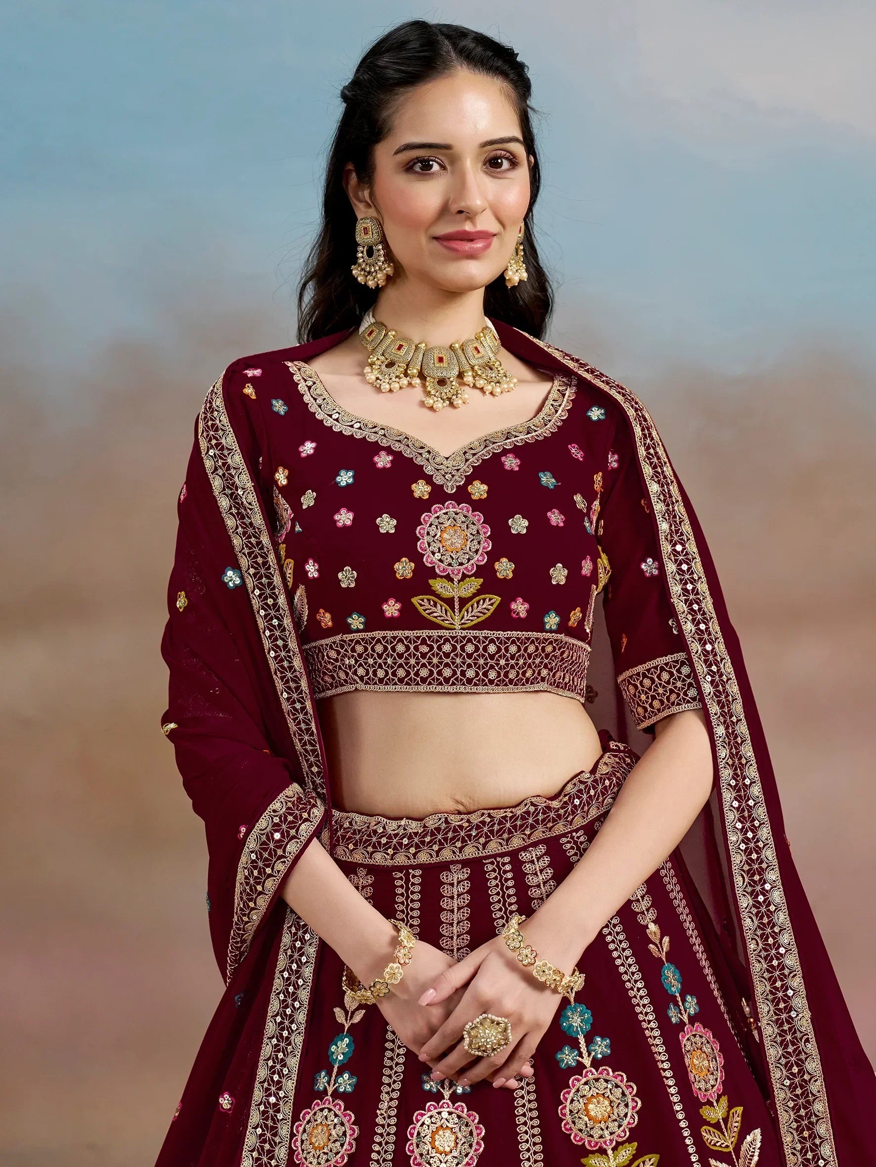 Maroon Fantastic Zari Work Georgette Wedding Wear Lehenga Choli