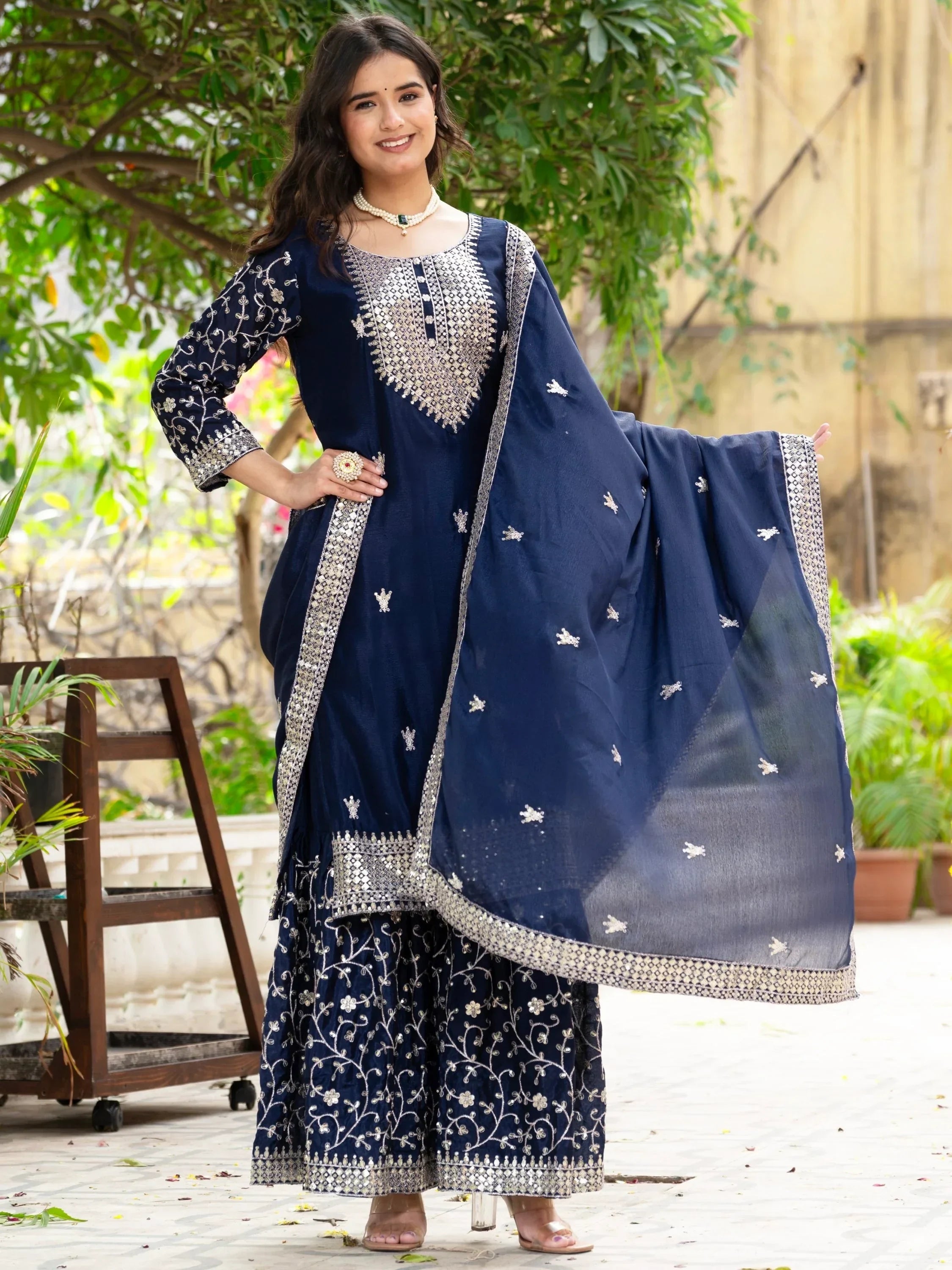 Navy Gorgeous Sequins Chinon Festive Wear Sharara Suit With Dupatta