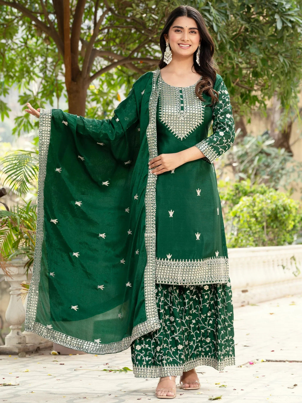 Green Gorgeous Sequins Chinon Festive Wear Sharara Suit With Dupatta